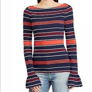 Lauren Ralph Lauren Top Tee Blue Orange Stripe Boat Neck Spring Size: M